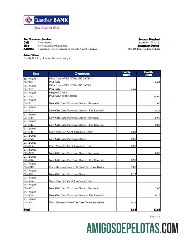 Kenya Guardian Bank Statement Xls amostra